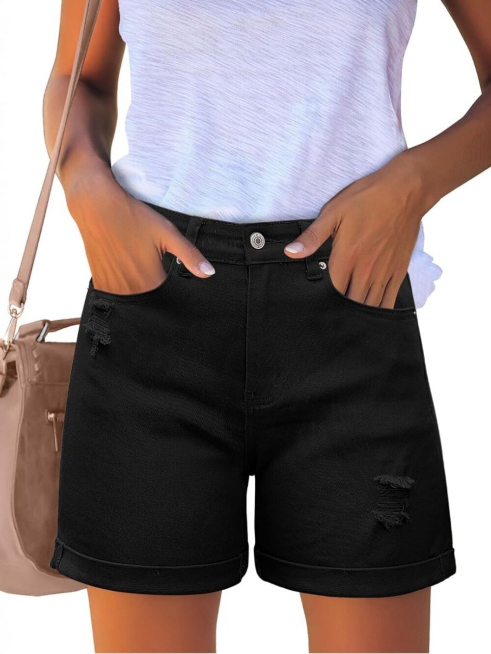 High-Waisted Ripped Denim Jean Shorts for Women - Casual Rolled Hem Jorts